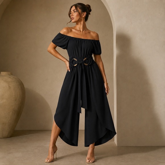 MSK Pants - MSK Black Harem Jumpsuit Gold Ring Waist Draped Leg Large Chic Minimalist Dressy